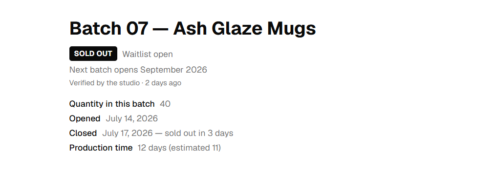 A Scenove showroom page showing an open batch, its status, and when it was last confirmed.